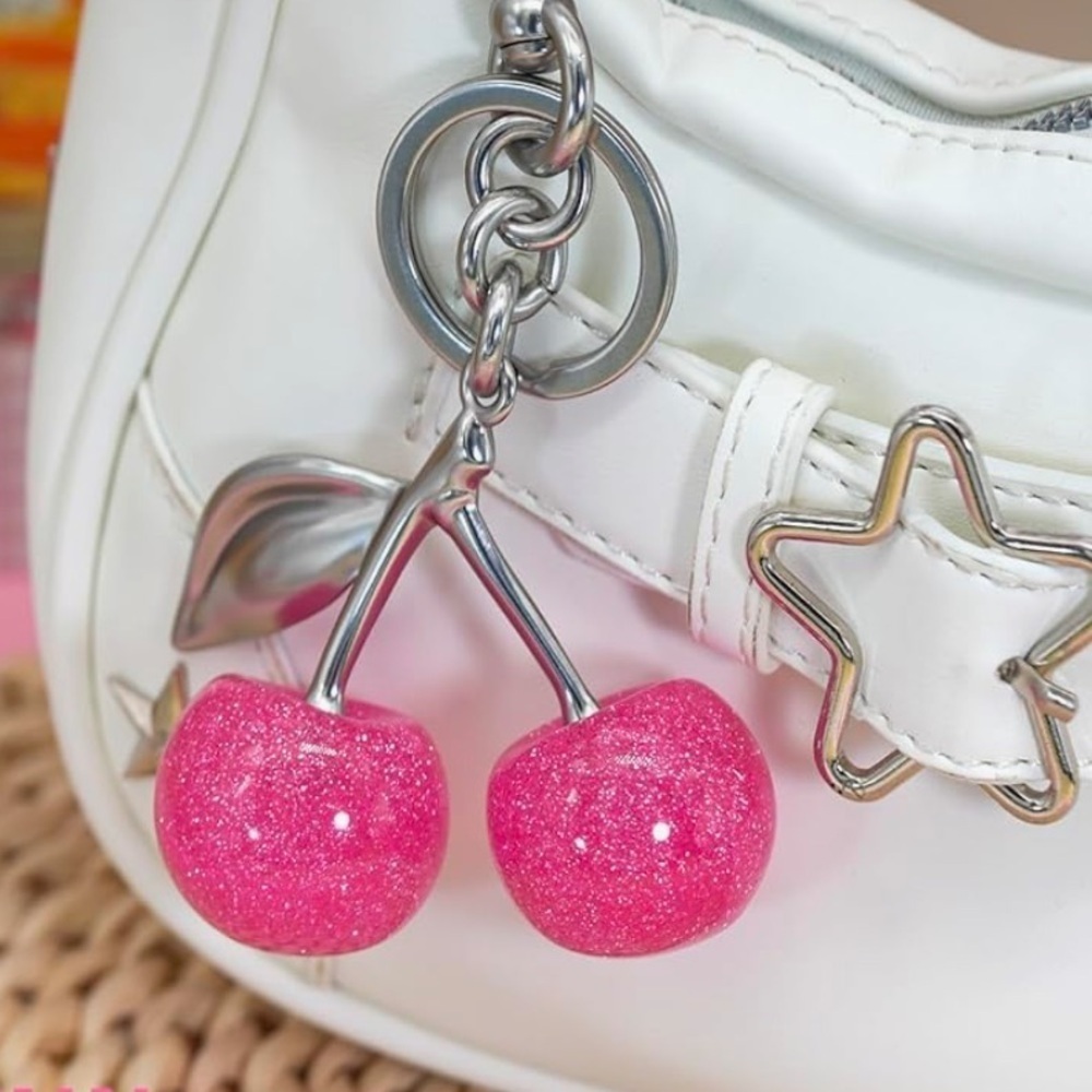 Bubblegum pink sparkle cherry bag or purse charms brushed silver and pink